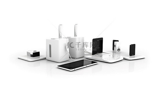 千库图库手机背景图片_白色背景上家庭网络系统的 3D 隔离插图