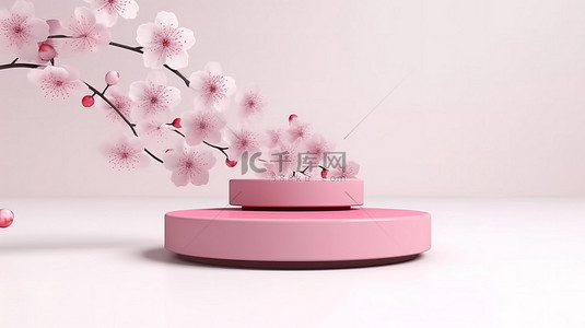 日本樱花背景图片_带有樱花装饰的粉红色几何讲台，可在白色背景上进行令人惊叹的 3D 产品演示
