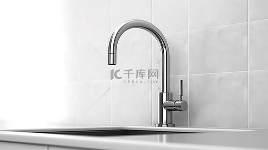浴室厨房背景图片_适用于现代厨房白色背景 3D 渲染的时尚不锈钢水龙头