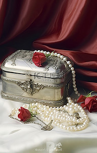 珍珠首饰背景图片_带珍珠的银首饰盒