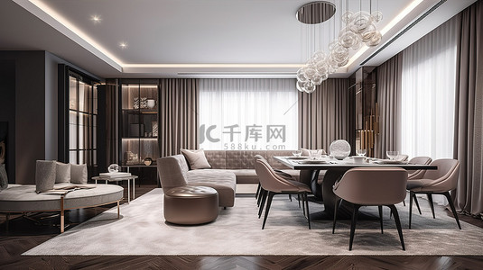 酒店背景图片_豪华的装饰和真皮沙发在 3D 渲染中装饰现代餐饮和生活空间