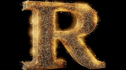 闪闪发光的金色大写字母 r 的 3d 渲染，闪闪发光