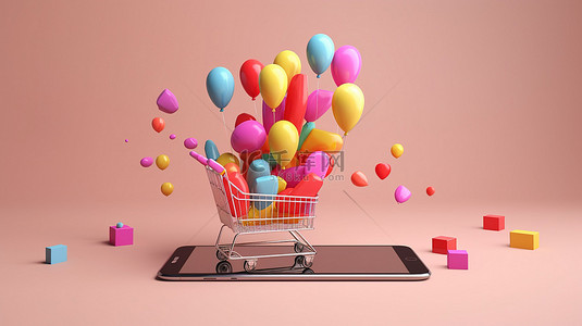 商业购物背景图片_手掌购物 在线购买浮动产品和智能手机虚拟支付的 3D 概念