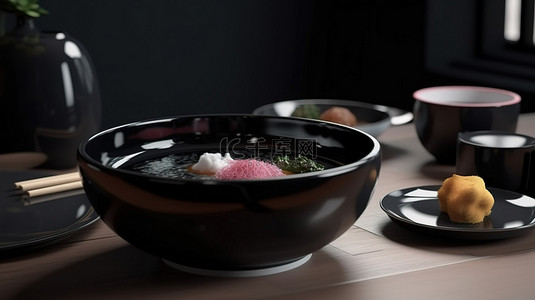 黑色碗中的寿司拼盘和汤 3d 在餐桌上呈现