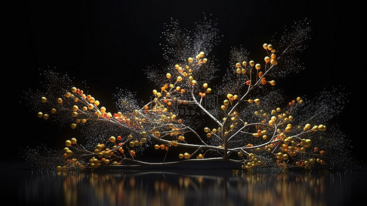 国潮夏秋背景图片_优雅的颗粒在黑色背景的 3D 渲染中增强了时尚的圣诞树枝
