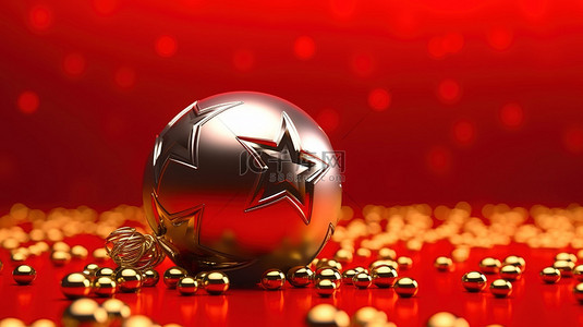 金色和银色的球装饰，红色背景上有一颗星星，3D 插图，圣诞快乐，新年快乐