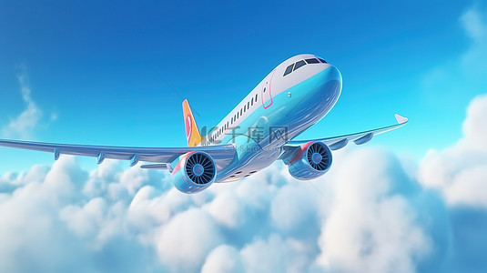 在飞机上卡通背景图片_3d 渲染的卡通飞机在云层上翱翔
