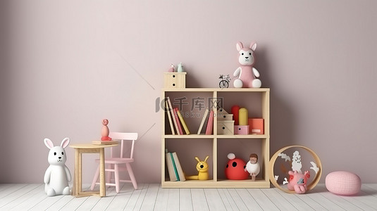 可爱时尚的背景图片_俏皮的 3D 墙壁装饰，配有可爱的玩具舒适的椅子时尚的家具和一本书