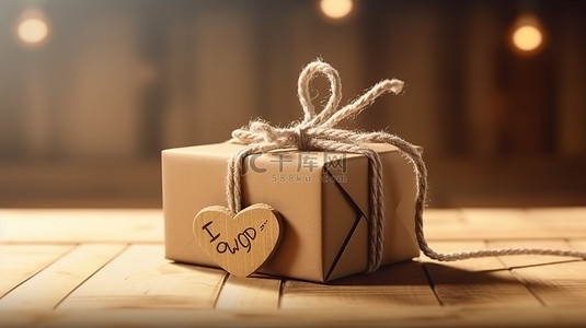 手工制作的爱心纸板礼盒，木桌上有绳子和木制工艺标签