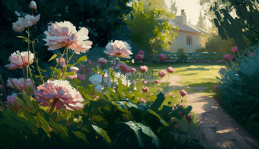 粉色的芍药花植物草地房子装饰插画花卉背景
