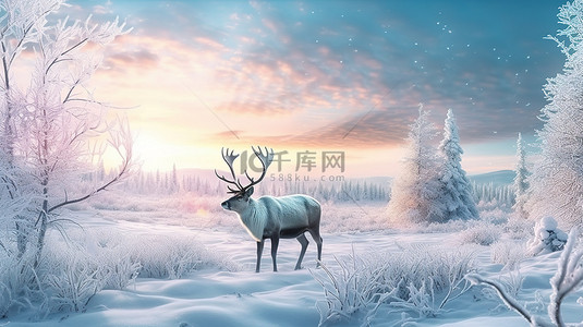 冬季森林背景图片_冰冷的仙境，白雪皑皑的森林中的早晨日出，雄伟的雄鹿在田野里吃草
