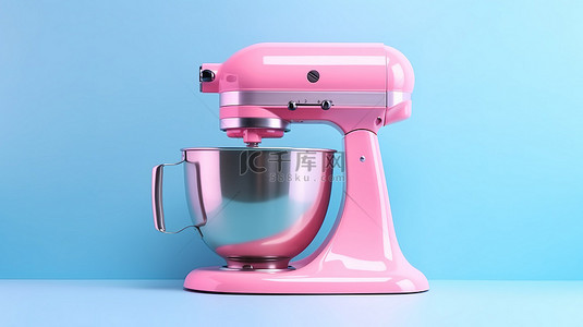 蓝色背景 3D 渲染上的双色调粉色厨房立式搅拌机