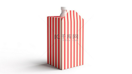 牛奶纸盒中带有红色条纹稻草的白色背景的 3D 渲染