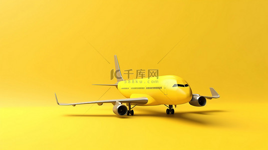 黄色背景上飞机的简约 3D 渲染，具有充足的复制空间
