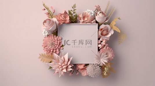 叶子花边框背景图片_3D 渲染的方形框架，装饰有植物和鲜花，用于贺卡和邀请卡
