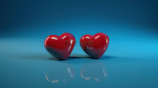 情人节主题 3D 插图，蓝色背景下有两颗红心