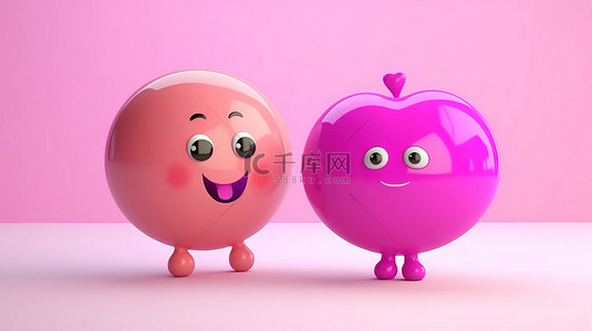 表达爱情情感的粉红色表情符号卡通人物的 3D 渲染