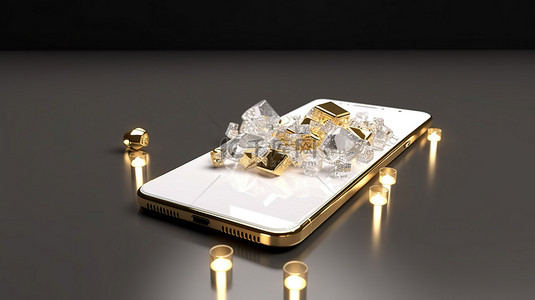 手机框背景图片_显示深色背景在线购物的金框手机的 3D 渲染