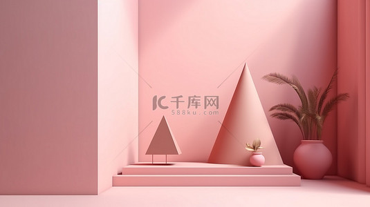 美女肖像背景图片_粉彩讲台展示柜在 3D 渲染中在粉红色墙壁上带有遮阳阴影，用于展览模型