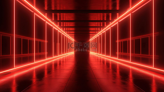 红色霓虹灯背景图片_带混凝土地砖的发光红色霓虹灯走廊的插图背景