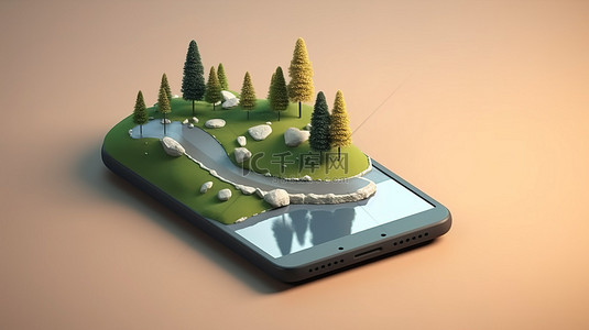 等距地形与道路和智能手机 3D 插图与高速公路广告