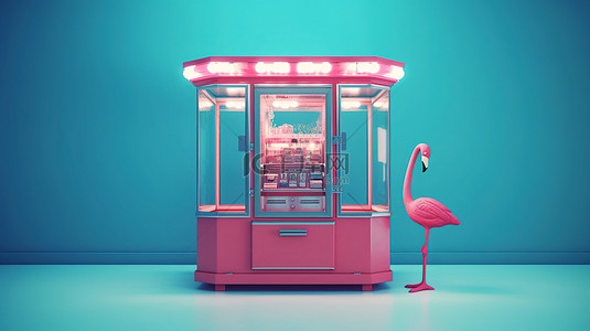 双色调风格 3D 渲染嘉年华上蓝色背景下废弃的粉色玩具爪起重机街机