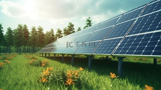 工业领域背景图片_绿色工业领域太阳能电池和电池板的可持续能源解决方案 3D 渲染