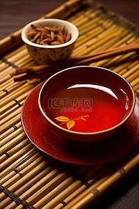 花茶背景图片_竹子上盛着茶的碗