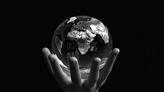 暖手背景图片_黑白手握地球仪的 3D 渲染，象征世界保护