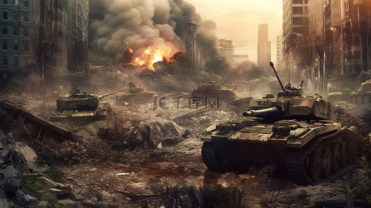乌俄战争背景图片_被战争摧毁的城市废墟中军用坦克的 3D 插图