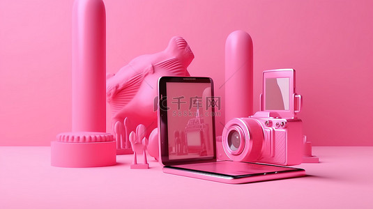 视频暂停背景图片_在粉红色背景下的粉红色手机应用程序上流式传输 3d 视频 vlog