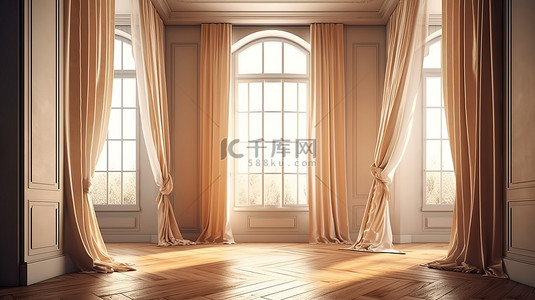 居家窗帘背景图片_窗帘装饰的镶木地板房间令人惊叹的温暖和美丽的 3D 插图