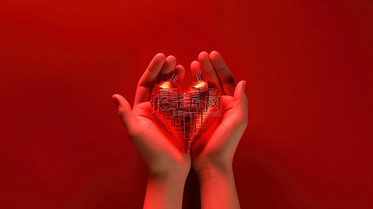 红色心跳心电图，手在 3D 渲染中形成心形医疗设计