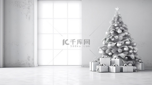 圣诞房间壁炉背景图片_3D 渲染插图模型，展示空荡荡的白墙内部，配有圣诞树和包装好的礼物