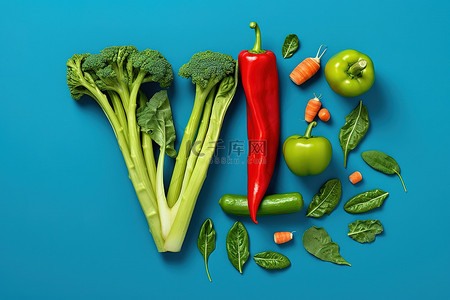 蔬菜沙拉背景背景图片_蔬菜沙拉的蓝色背景上的蔬菜呈字母 v 的形状