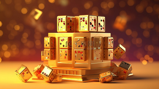 3D 渲染在线赌场老虎机，背景为金色立方体设计，非常适合游戏爱好者