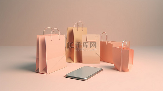 在线购物和交付概念手持购物袋从智能手机中出现 3d 渲染