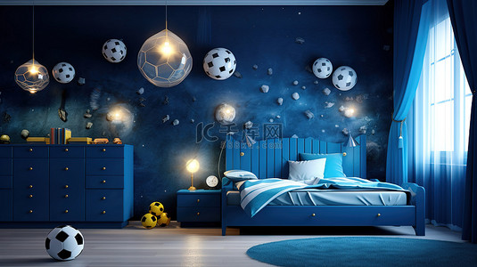 儿童足球背景图片_带有蓝色足球主题装饰的儿童房间的 3D 渲染