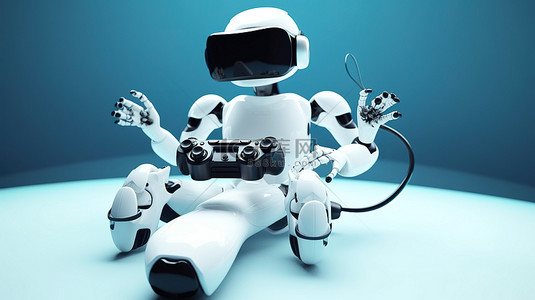 游戏海报背景图片_在 3D 渲染中使用 VR 眼镜和操纵杆悬浮在零重力中的塑料角色