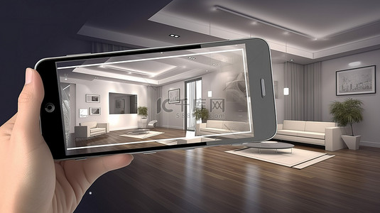 智能家居界面背景图片_通过智能手机应用程序的 3D 渲染使公寓变得栩栩如生