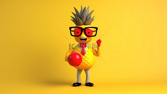 水果卡通菠萝背景图片_欢快的时髦菠萝卡通人物，在 3D 渲染的黄色背景上带有心形图案
