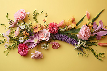 空间摆放背景图片_黄色桌子上摆放着粉色和紫色的花朵