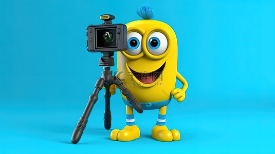 摄像视频背景图片_黄色背景 3D 渲染蓝皮书人物吉祥物，手持带有稳定万向节和三脚架系统的单反相机