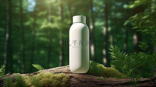 天然化妆品的户外森林环境，在空白背景 3D 渲染上配有白色洗发水瓶