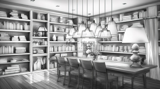 带书柜和 3D 草图吊灯的照明餐厅
