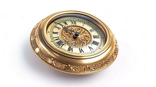老式计时器 3D 图像的古董金色圆形时钟与秒表图标标志隔离在白色背景
