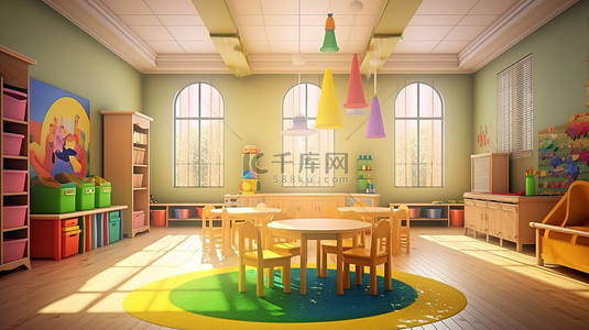 游戏桌子背景图片_3d 渲染的幼儿园内部教室