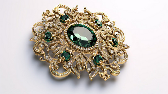 珠宝时尚背景图片_复古巴洛克胸针，白色背景上镶有绿色钻石宝石 3D 渲染珠宝