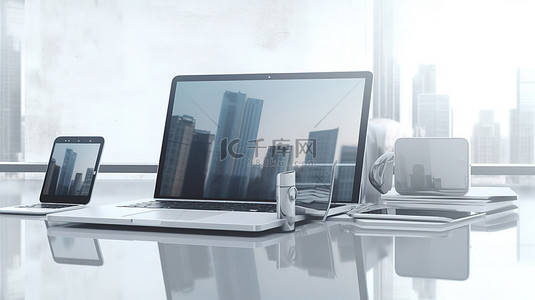 简约办公桌笔记本电脑手机和平板电脑上的数字设备白色背景 3D 渲染
