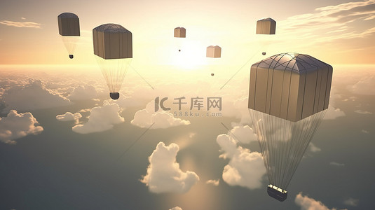 地球运输背景图片_全球包裹递送概念 3d 降落伞在地球各地运输箱子